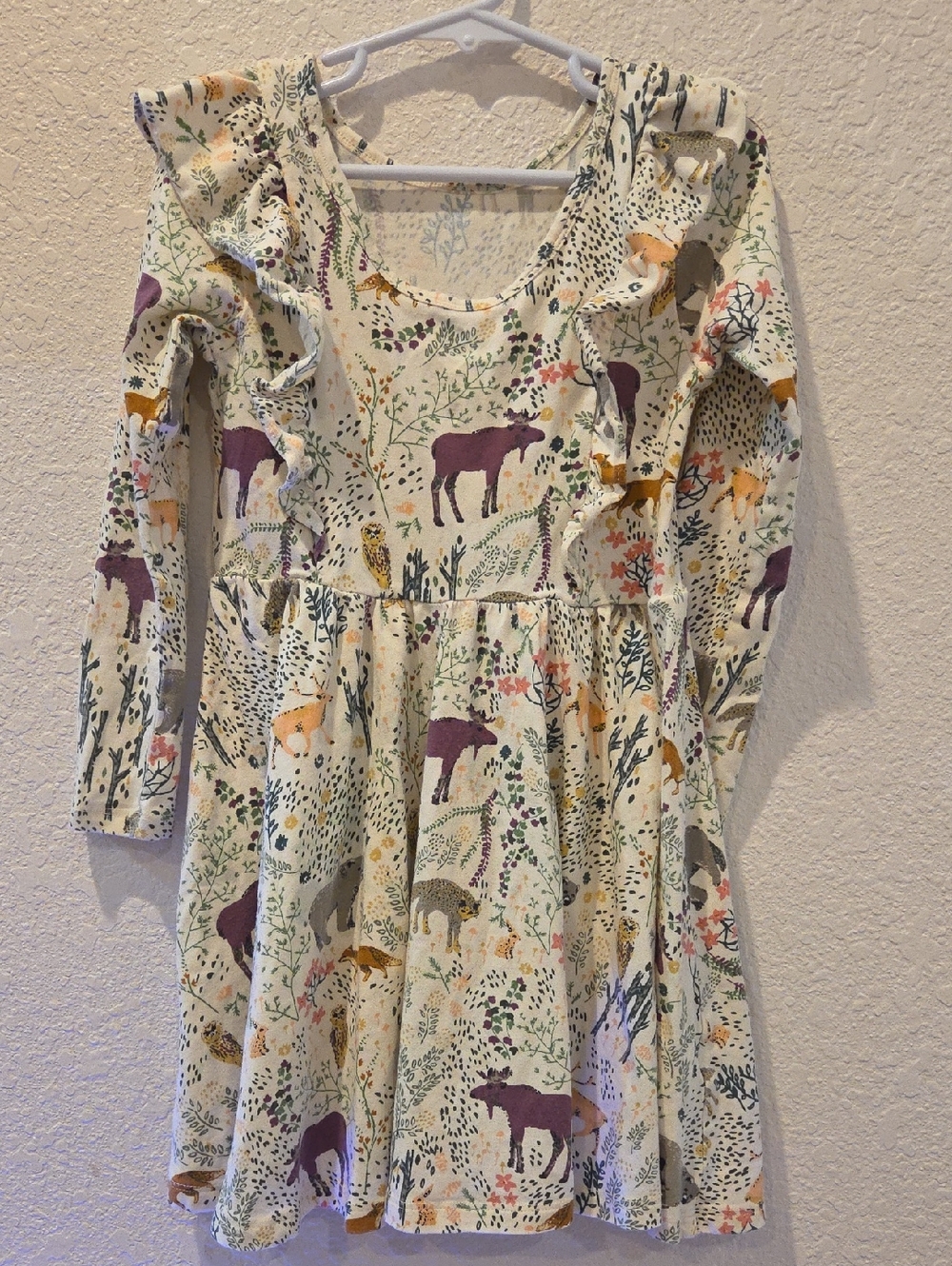 Girls' Tea Collection Animal Print Long-Sleeve Dress with Ruffle Shoulders